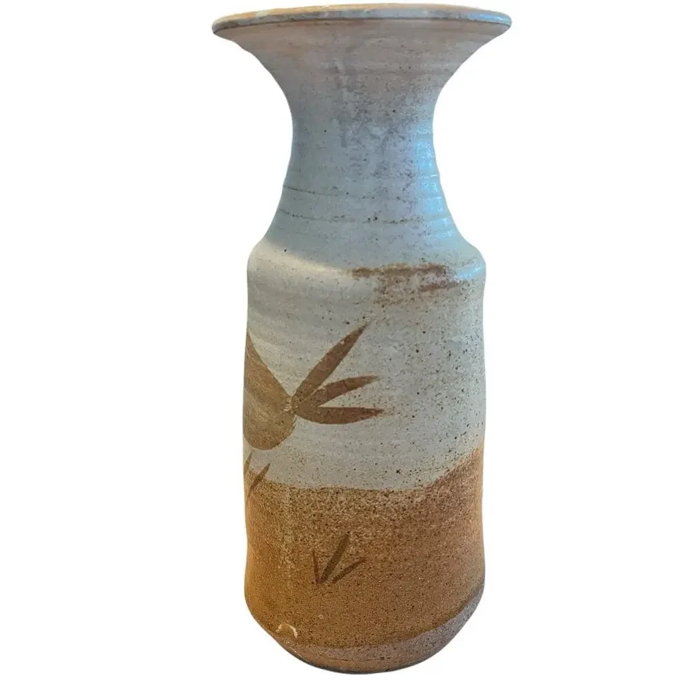 Rustic Zen Vase 1970s Studio Pottery Stoneware Botanical Tan Cream Retro Signed - Picture 2 of 14